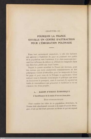 Chapitre III: Pourquoi la France est-elle un centre d'attraction pour l'émigration polonaise.