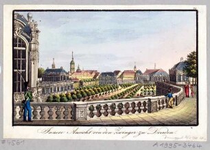 Der Zwinger in Dresden, Blick von der Balustrade der Langgalerie am Wallpavillon nach Südosten, im Hof Orangenbäume