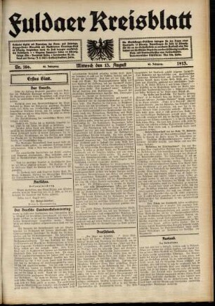 Erste Ausgabe vom Mittwoch, den 13. August 1913.