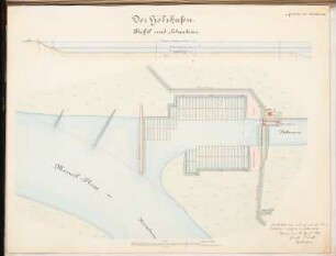 Flussregulierung Schinkelwettbewerb 1882: Holzhafen. Profil (1:200) und Situation (1:2000)