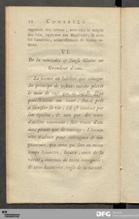 VI. De la véritable & fausse Gloire ou Grandeur d'ame.