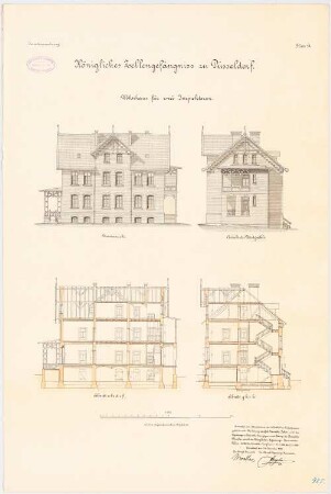 Zellengefängnis, Düsseldorf Wohnhaus für zwei Inspektoren: Querschnitt, Längsschnitt, Vorderansicht, Nordansicht 1:100