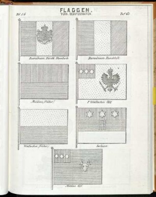 Taf. 63. Rumänien, Fürstl. Standarte. - Rumänien Handelsfl. - Moldau, (früher) - F. Wallachei 1858. - Wallachei (früher) - Serbien. - Moldau. 1858.