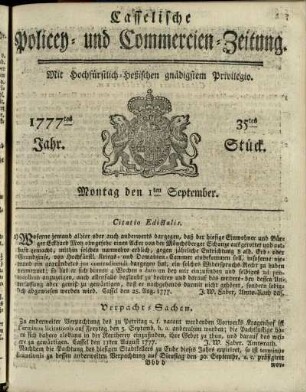 35tes Stueck, Montag den 1ten September 1777