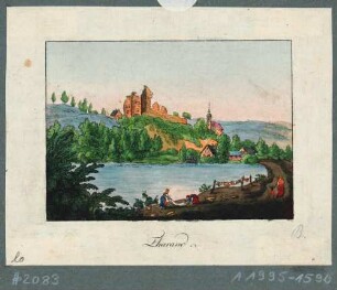 Tharandt, Blick über den Schlossteich auf die Burgruine und die Berg- und Stadtkirche, Wäscherinnen im Vordergrund