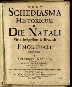 Schediasma Historicum De Die Natali Viris insignibus & Eruditis Emortuali