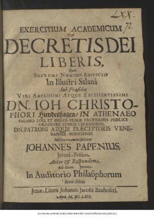 Exercitium Academicum De Decretis Dei Liberis