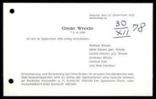 Traueranzeige Grete Wrede