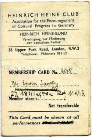 Mitgliedsausweis des Heinrich Heine Clubs (Vereinigung zur Förderung des kulturellen Fortschritts in Deutschland) - Personenkonvolut