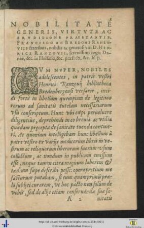 Nobilitate Generis, Virtute Ac Eruditione Praestantib. Francisco Ac Bredoni Ranzoviis fratribus ...