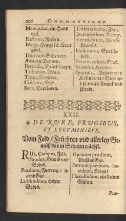 XXII. De Rure, Frugibus, Et Legvminibvs, Vom Feld/ Früchten vnd allerley Gemüß das in Schalen wächst.