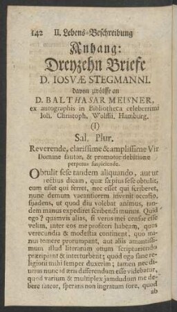 Anhang: Dreyzehn Briefe D. Iosuae Stegmanni.