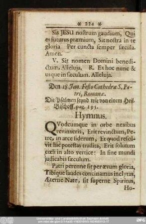 Den 18. Jan. Festo Cathedrae S. Petri, Romanae.