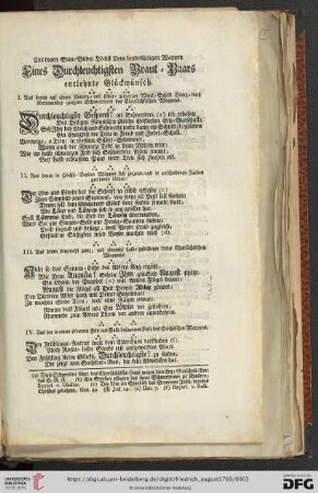 Aus denen Sinn-Bilder Hoechst Dero beyderseitigen Wappen eines Durchleuchtigsten Brau-Paars entlehnte Glückwunsch
