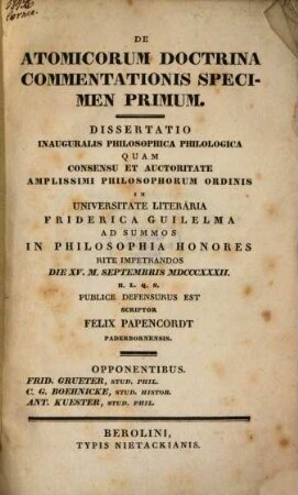 De Atomicorum doctrina commentationis specimen primum
