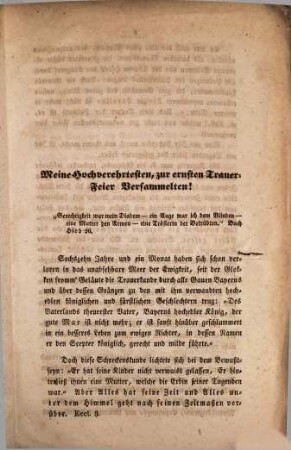 Bavaria's Trauer : eine Rede bei der Trauerfeier für Ihre Höchstabgeschiedene Majestät, die verwittwete Königin Caroline von Bayern, am 1. December 1841 in der katholischen Stadtpfarrkirche zu Memmingen