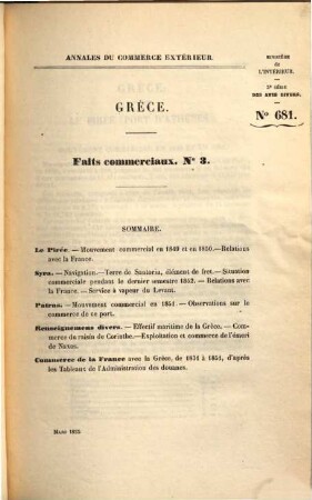 Annales du commerce extérieur. Grèce. Faits commerciaux. 1/15. 1847/77