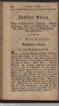 Fünfter Absatz. Von verschiedenen Torten, feinen Backereyen, süssen und sauren Salat, Salsen, Gefrornen, Sulzen, Eingesottenen, wie auch Säften