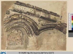 Fragment einer zerfallenen Bogenarchitektur (mit Wappen)