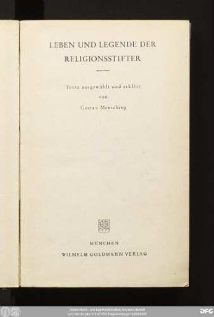 Leben und Legende der Religionsstifter : Texte ausgewählt und erklärt