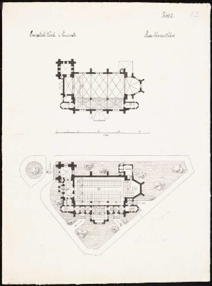 Evangelische Kirche, Berlin-Grunewald Bismarckallee: 2 Grundrisse mit Bestuhlung und Gewölbeprojektion 1:200