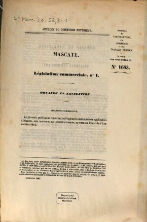 Annales du commerce extérieur. Mascate. Législation commerciale. 1. 1866