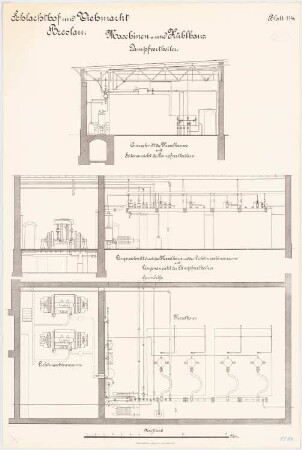 Schlachthof und Viehmarkt, Breslau Maschinen- und Kühlhaus: Dampfverteiler: Grundriss Querschnitt Längsschnitt 1:5