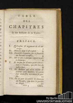 Table des chapitres et des sections de ce Traitté.