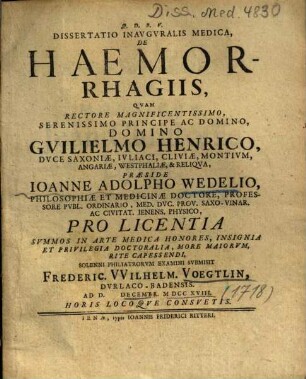 Dissertatio Inavgvralis Medica, De Haemorrhagiis
