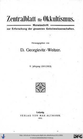 5: Zentralblatt für Okkultismus: Monatsschrift zur Erforschung der gesamten Geheimwissenschaften