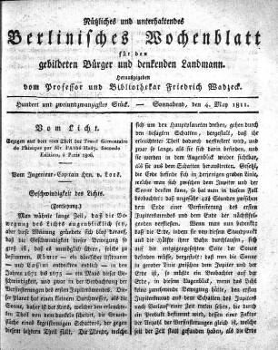 Hundert und zweiundzwanzigtes Stueck, Sonnabend, den 4. May 1811.