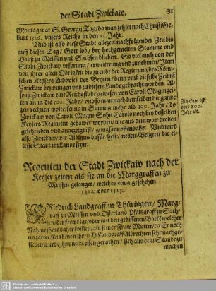 Regenten der Stadt Zwickaw nach der Keyser zeiten als sie an die Marggraffen zu Meissen gelanget, welches etwa geschehen 1312. oder 1313.