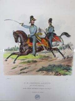 Uniformdarstellung, Stabsoffizier und Stabstrompeter des Jäger-Bataillons zu Pferd, Österreich, 1840. Tafel aus: Trentsensky: K.K. Oesterreichische Armée nach der neuen Adjustirung.