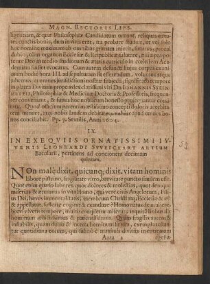 IX. In Exequiis Ornatissimi Iuvenis Leonhardi Sweickart Artium Bacularii, pertinens ad concionem decimam quintam