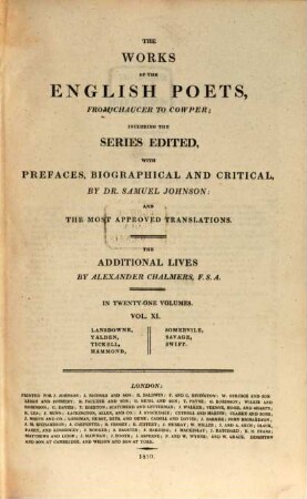 The works of the English poets, from Chaucer to Cowper : in 21 volumes. 11, Lansdowne, Yalden, Tickell, Hammond, Somervile, Savage, Swift