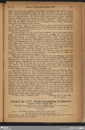 Protokoll der XXVI. Wanderversammlung in Hannover