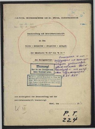 Beschreibung und Betriebsvorschrift zu den Voith-Schneider-Propeller-Anlagen der Räumboote "R 21" bis "R 24" der Kriegsmarine