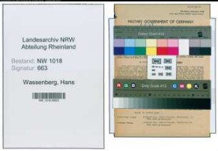 Entnazifizierung Hans Wassenberg , geb. 13.10.1919 (Kaufmaennischer Angestellter)
