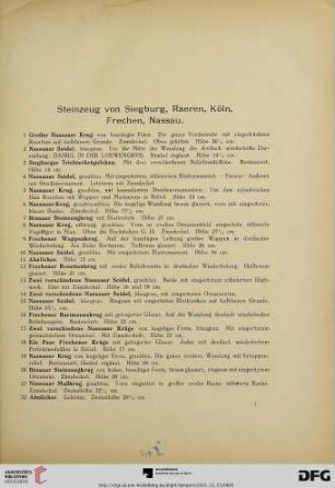 Steinzeug von Siegburg, Raeren, Köln, Frechen, Nassau (Nr. 1-71)
