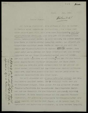 Brief von Johannes Reinke an Felix Klein, Kiel, Dezember 1901