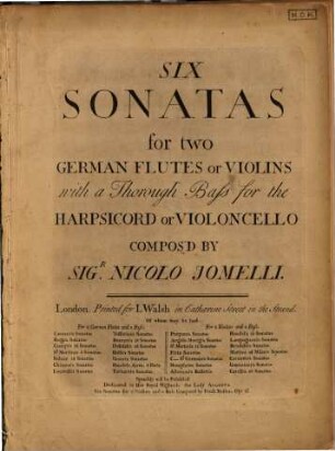 Six sonatas for two German flutes or violins with a thorough bass for the harpsichord or violoncello