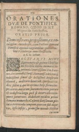 Orationes Duae De Pontifice Romano, Quod Is Sit Magnus ille Antichristus.