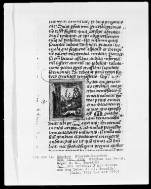 Stephan von Paris, Auslegung der Regel des heiligen Benedikt — Initiale F (rater), darin Versuchung Benedikts, Folio 42verso