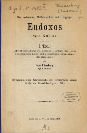 Der Astronom, Mathematiker und Geograph Eudoxos von Knidos, 1. Lebensbeschreibung des Eudoxos, Überblick über seine astronomische Lehre und geometrische Betrachtung der Hippopede