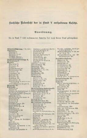 Sachliche Uebersicht der in Band V enthaltenen Gesetze.