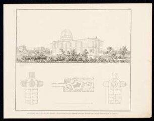 Sternwarte, Berlin: Perspektivische Ansicht, Grundrisse, Lageplan (aus: Sammlung Architektonischer Entwürfe, Berlin 1858)