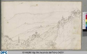 Berglandschaft mit drei Burgen an einem Berghang