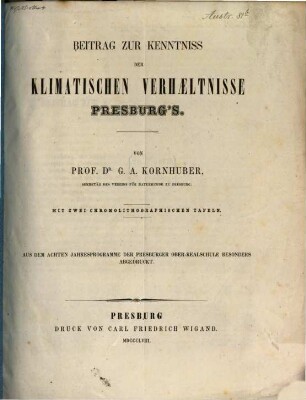 Beitrag zur Kenntniss der klimatischen Verhaeltnisse Presburg's
