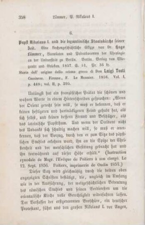 358-362 [Rezension] Laemmer, Hugo, Papst Nikolaus der Erste und die byzantinische Staats-Kirche seiner Zeit
