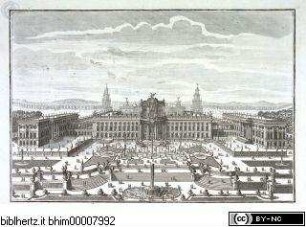 Fürstlicher Baumeister oder Architectura civilis : wie grosser Fürsten und Herren Palläste mit ihren Höfen, Lusthäusern, Gärten, Grotten, Orangerien und anderen darzu gehörigen Gebäuden füglich anzulegen und nach heutiger Art auszuzieren ; zusamt den Grund-Rissen und Durchschnitten, auch vornehmsten Gemächern und Säälen eines ordentlichen fürstlichen Pallastes / inventirt und gezeichnet durch Paulus DeckerTafel V: Gartenfassade eines Fürstlichen Palastes - Fürstlicher Baumeister oder Architectura civilis ... Teil 1, Teil 2, Anhang
